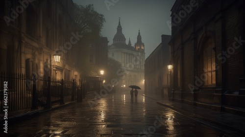Photograph medieval london dark rain fog dramat Ai generated art