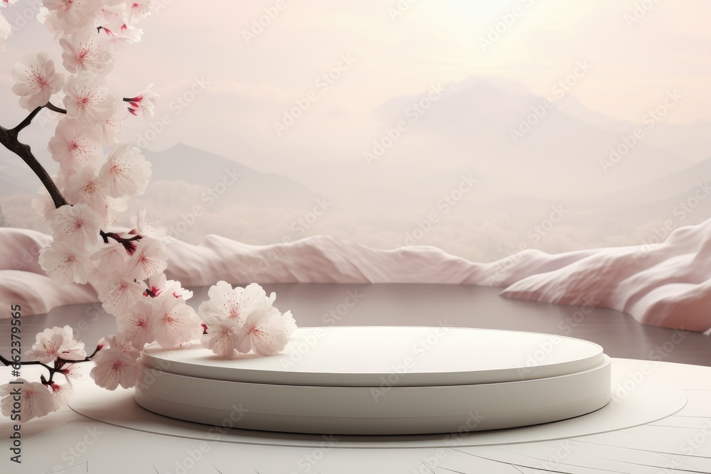 Stone podium with cherry blossom flowers on japanese style background. Japanese style beauty scene for cosmetic product branding Unique presentation and packaging Promotional display. Stone podium with cherry blossom flowers on japanese style background. Japanese style beauty scene for cosmetic product branding Unique presentation and packaging Promotional display.