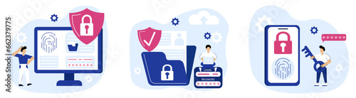 Characters using Cyber security Services to Protect Personal Data.Idea of digital data protection and safety.Modern technology and virtual crime. Protection information in internet.Vector illustration
