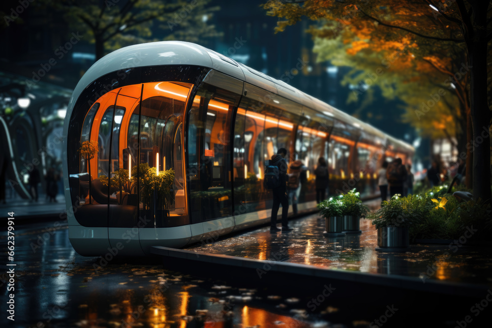 A transportation hub featuring electric buses and a bike-sharing program, promoting sustainable mobility. Generative Ai.