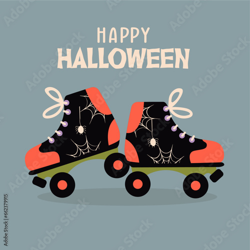 Illustration Happy Halloween with Roller Skates and Web,Spider