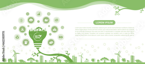 Net zero and carbon neutral concept Net zero greenhouse gas emissions target Long term climate neutral strategy. Green Vector illustration.
