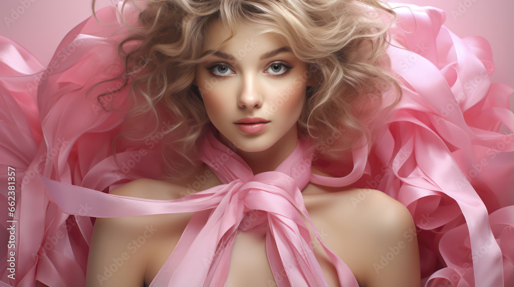 Illustration of a woman with blonde hair wearing a pink dress