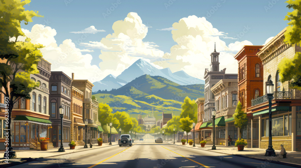 Illustration of a city street with a majestic mountain backdrop Illustration of a city street with a majestic mountain backdrop