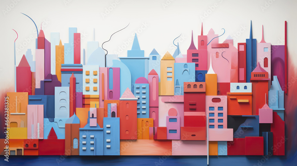 Illustration of a cityscape painting with vibrant and detailed buildings