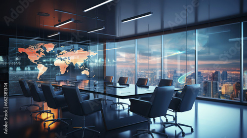 Illustration of a conference room with a world map on the wall