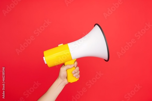 Hand holding a megaphone on a red background with empty space beside it for your text. generative AI