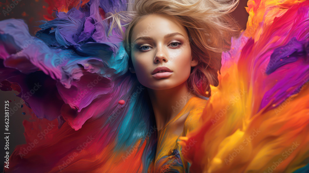 Image of a woman with vibrant, colorful hair posing for a captivating portrait