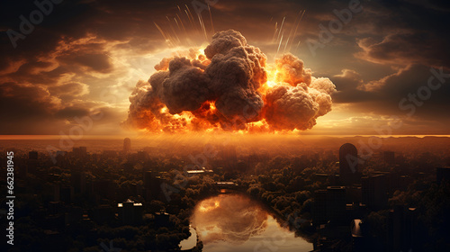 Nuclear explosion in the open air. Explosion of nuclear bomb over city.