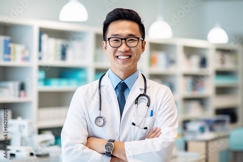 Young Singaporean handsome man wearing doctor uniform and stethoscope with a happy smile. Lucky person
