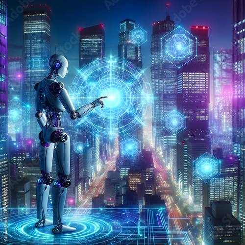In a neon-lit cityscape, a humanoid robot with glowing elements extends its arm, emitting a bright blue vortex, as silhouettes of people walk the misty streets below.