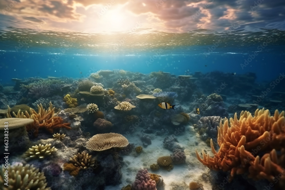 Underwater view of the coral reef. Ecosystem. Life in tropical waters Underwater view of the coral reef. Ecosystem. Life in tropical waters