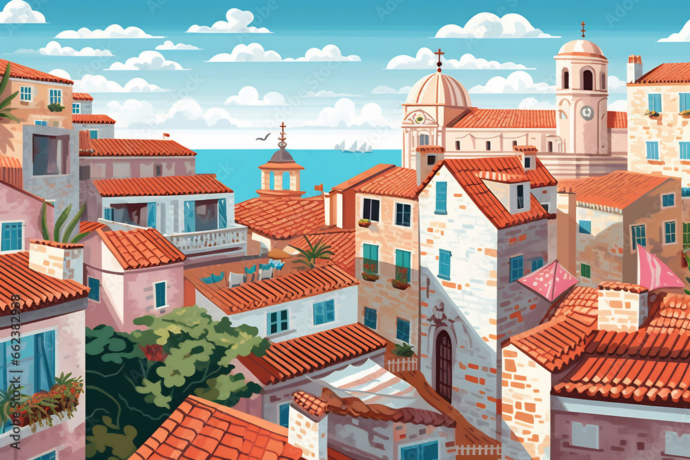 Dubrovnik urban landscape. Pattern with houses. Illustration.