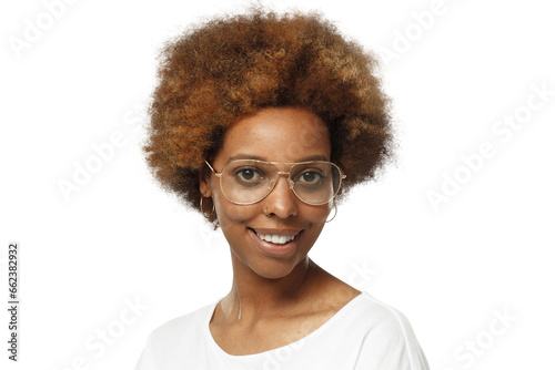 Portrait of smiling young african american woman wearing white t-shirt and glasses photo