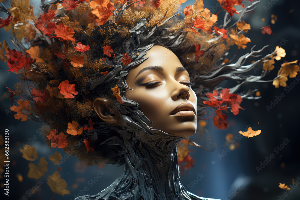 A digital portrait that seamlessly blends elements of nature with the human form, creating a surreal composition. Generative Ai.
