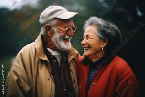 Smiling older couple hugging and kissing. Happy senior adult classy husband and wife embracing, bonding, and enjoying each other