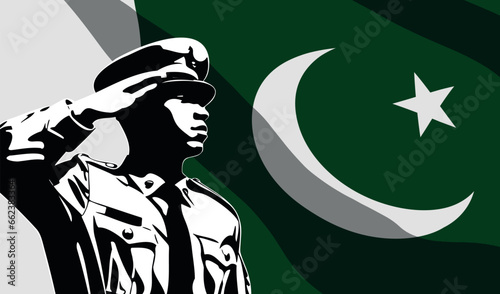 Silhouette of soldier with Pakistan flag on background
