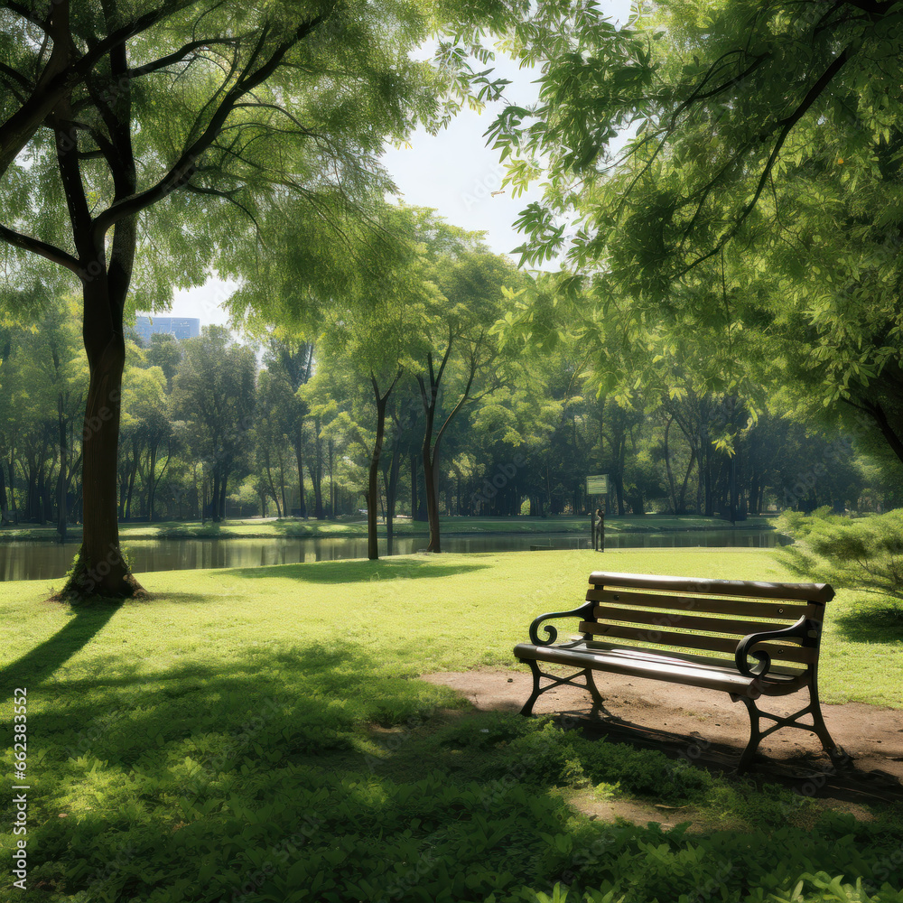 Fototapeta premium Urban green recreation area, park with benches and lake, shady paths along the river or lake