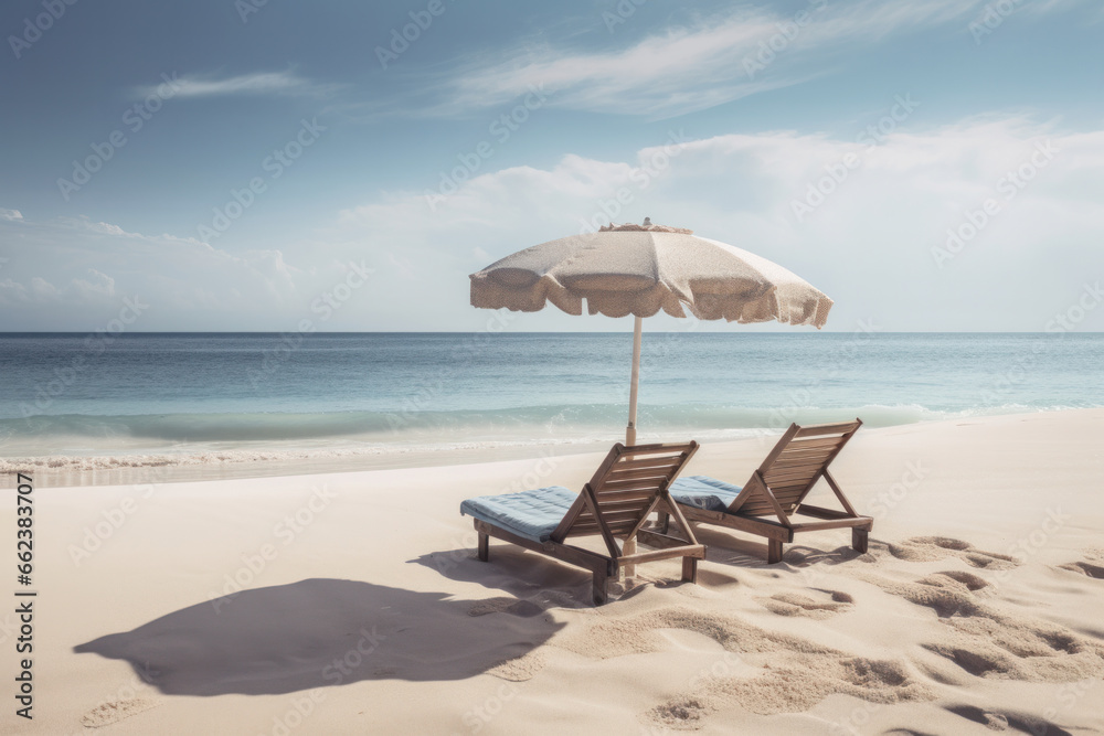A relaxing day at the beach with beach chairs and an umbrella on a sandy shore, surrounded by the clear blue sea and sky, AI Generative.