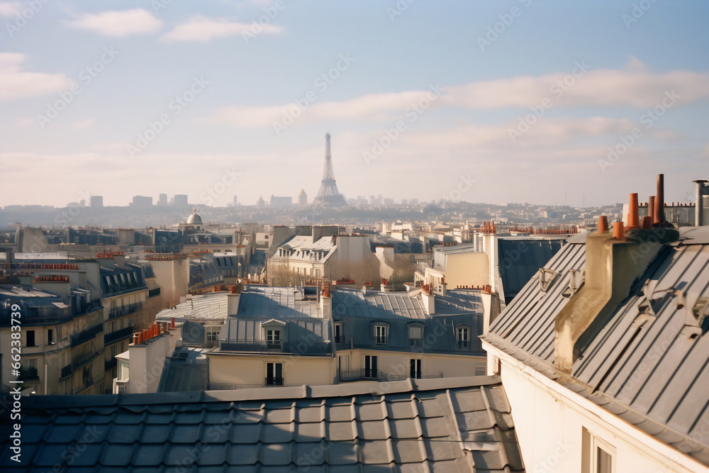 Empty sunny terrace. Balcony of apartment with a view to the street and blue sky in the center of Paris.
