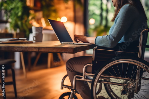 A disabled person is sitting in a wheelchair and working photo