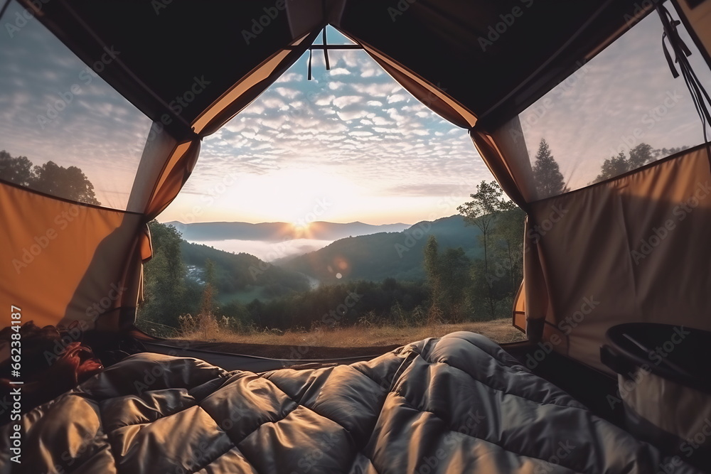 The door tent view lookout camping in the morning. Glamping camping teepee tent