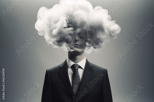 The head of the businessman is covered with clouds. Business concept
