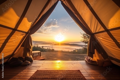 The door tent view lookout camping in the morning. Glamping camping teepee tent photo