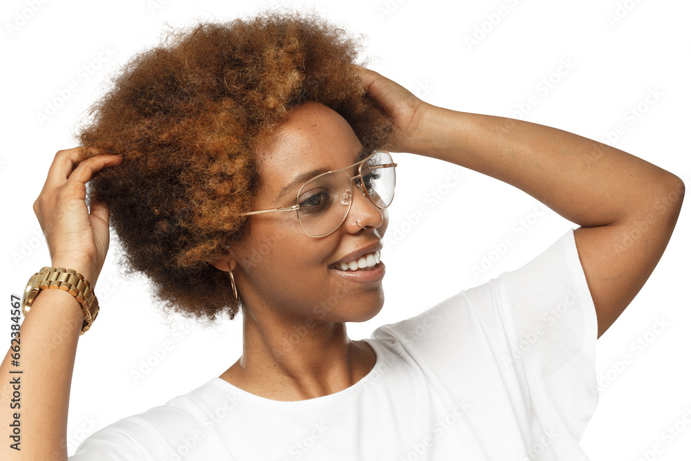 Smiling african american woman wearing glasses, touching her afro hair