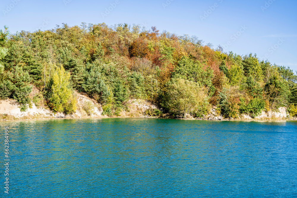 Lake autumn trees, sunny day blue sky.