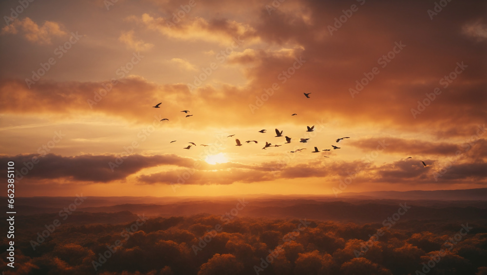 Birds in Flight Over a Sunset Sky