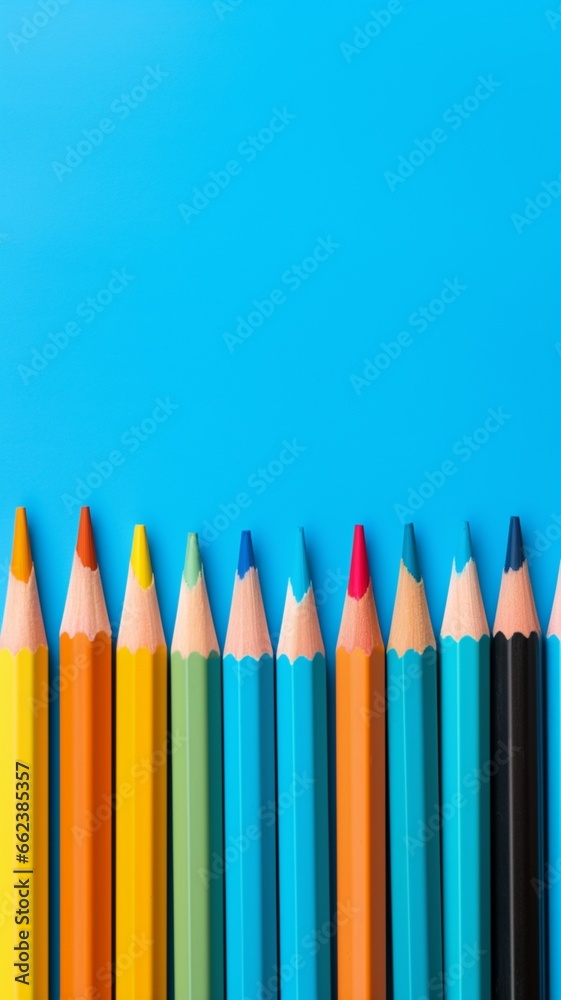 Row of colored pencils lined up against a blue Ai generated art Row of colored pencils lined up against a blue Ai generated art