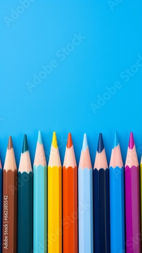 Row of colored pencils lined up against a blue Ai generated art