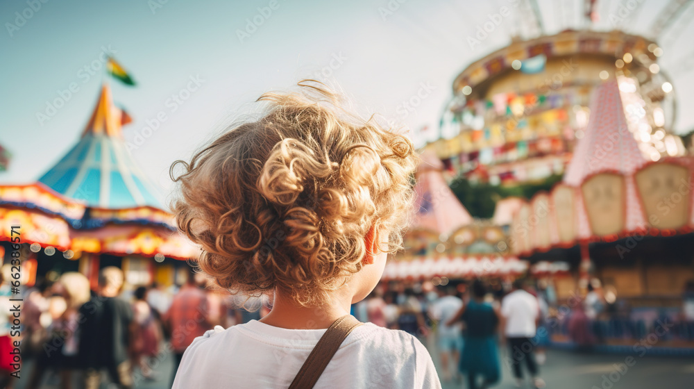 Child on his back in an amusement park on a sunny day. A child's back absorbs the enchanting atmosphere at the amusement park. Childhood glimpse concept.