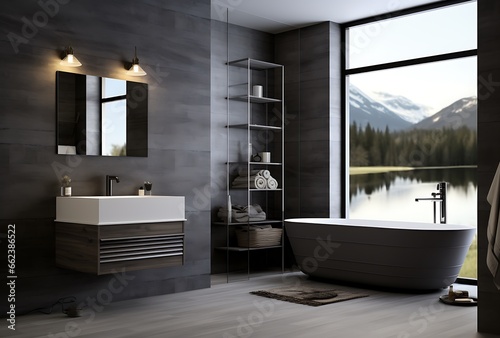 Interior of modern bathroom with gray walls, wooden floor, comfortable white bathtub standing near the window. 3d rendering