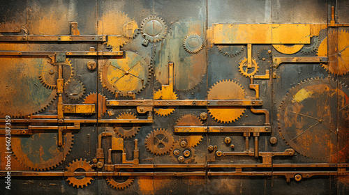 Rusty metal background with gears and cogwheels, industrial background