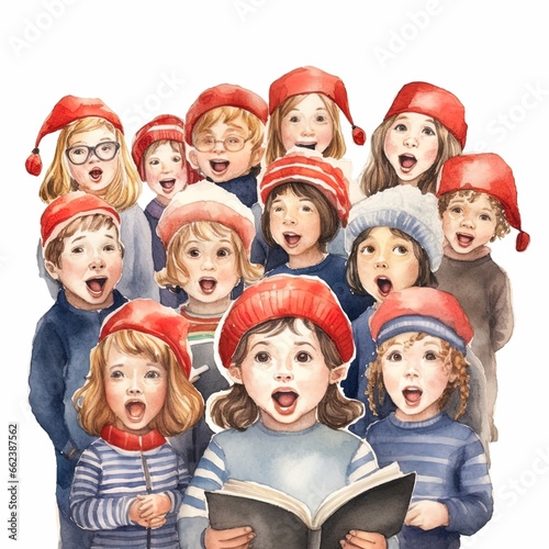 children in santa claus hats, isolated white background
