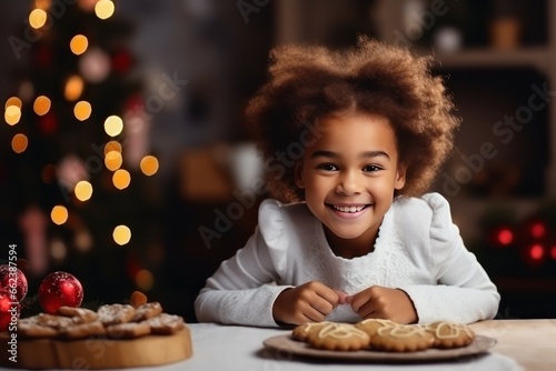 Photo of a happy funny little African American girl bake Christmas cookies on cozy kitchen at home. She put cookies on the plate and showing to camera.