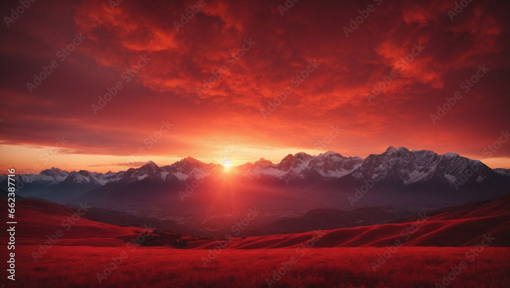 Fiery Red Sunset Over Mountains