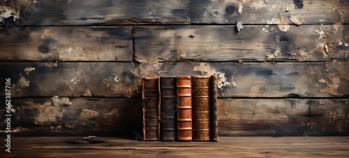 Fotografia A vintage pile of five old brown leather books with eye glasses on a wood table