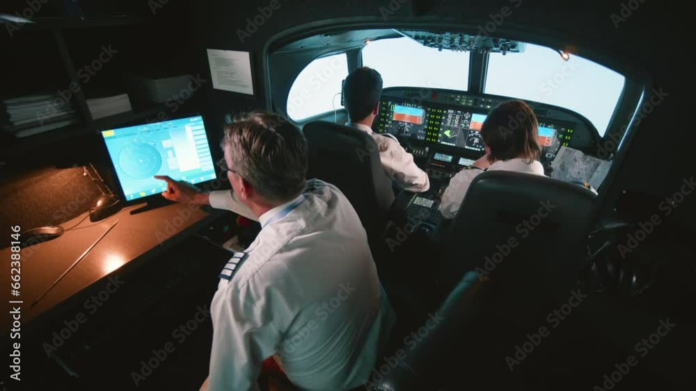 Instructor and pilots in professional flight simulator during flight
