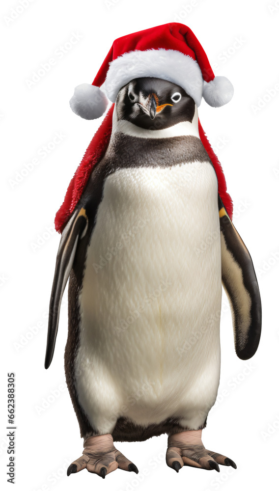 Fototapeta premium Penguin in a Christmas Santa hat isolated on the transparent background PNG.