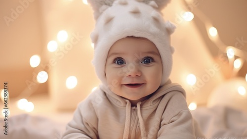 Adorable Baby Embraces Festive Spirit with Sparkling Christmas Lights and Gifts Under the Tree in Winter Wonderland