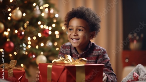 Adorable Black Kid Girl Delightfully Unwraps Christmas Present © Sandris_ua