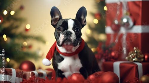 Adorable Boston Terrier Christmas Puppy Enjoys Festive Decorations © Sandris_ua