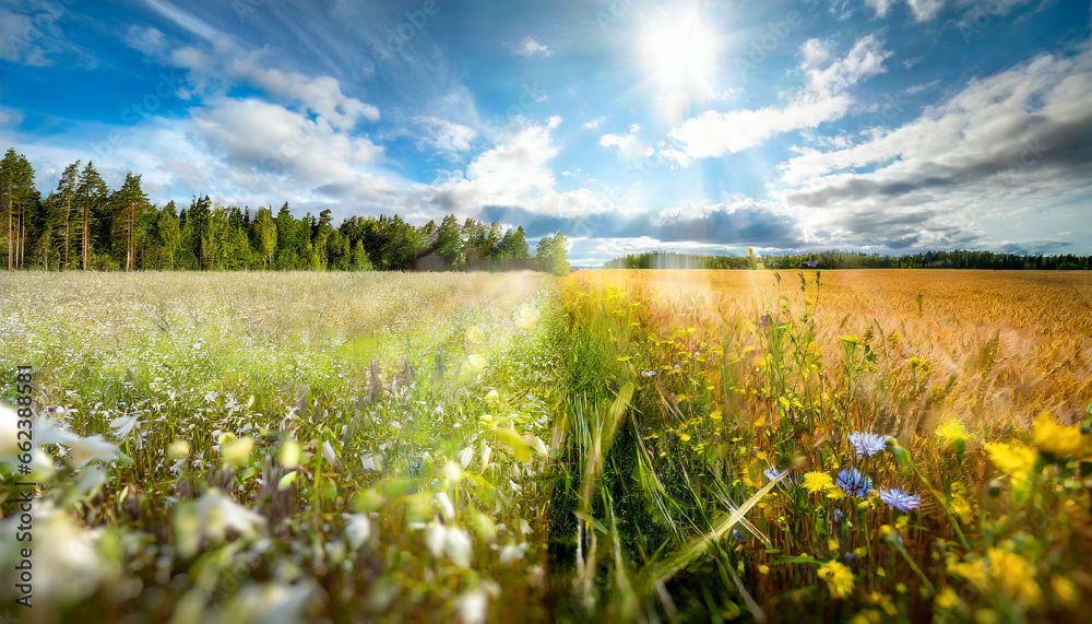 An agricultural field and wildflower meadow in Finland, where nature and cultivation meet. In sunny summer weather, a border between wild and human-made beauty.