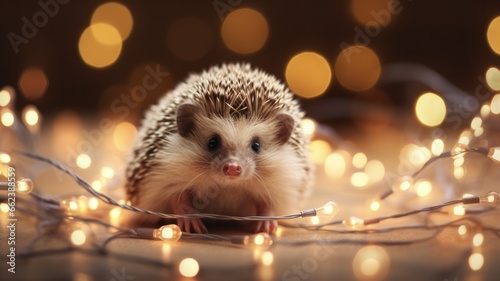 Adorable Hedgehog Shines Bright with Christmas Lights on Bokeh Background