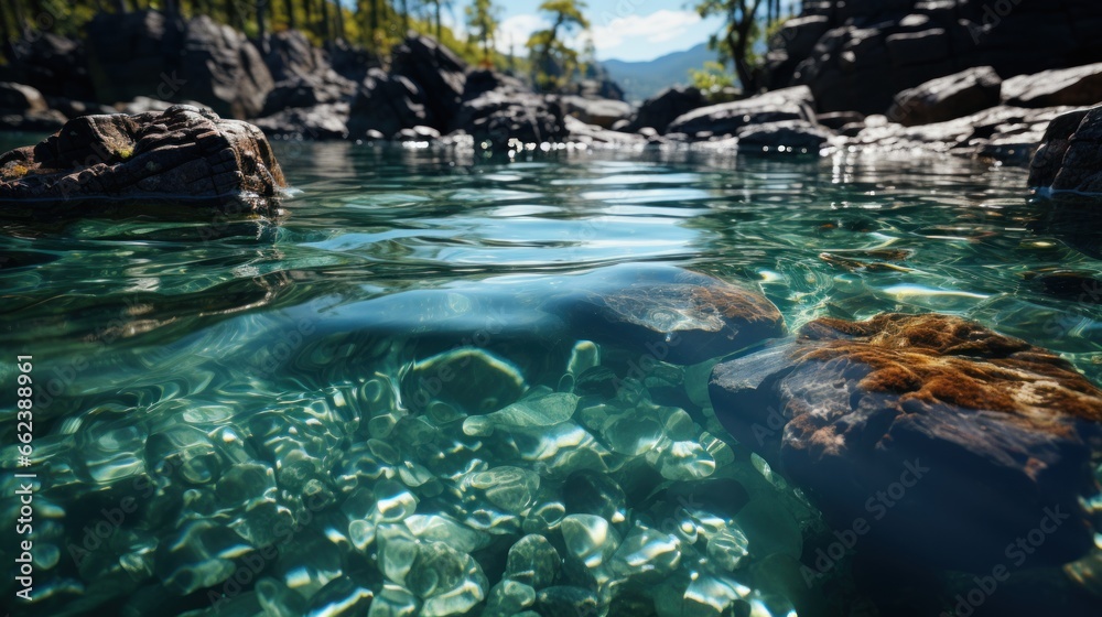 Fototapeta premium Crystal clear inspiration, clear river, underwater-terrestrial world. Rocky shore. A heavenly place.