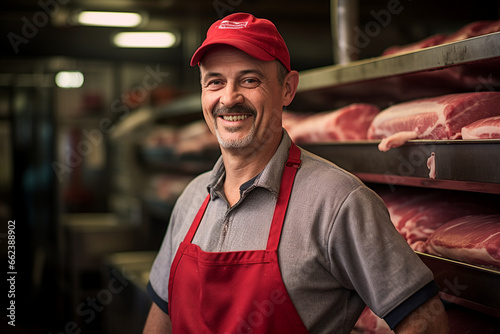 Against the backdrop of a busy meat processing facility, a skilled deboner's smile reflects his mastery in efficiently and accurately preparing meat for further production. 