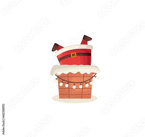 Funny cute Santa Claus legs stuck in chimney character isolated on white background. Christmas holiday vector illustration in flat cartoon style